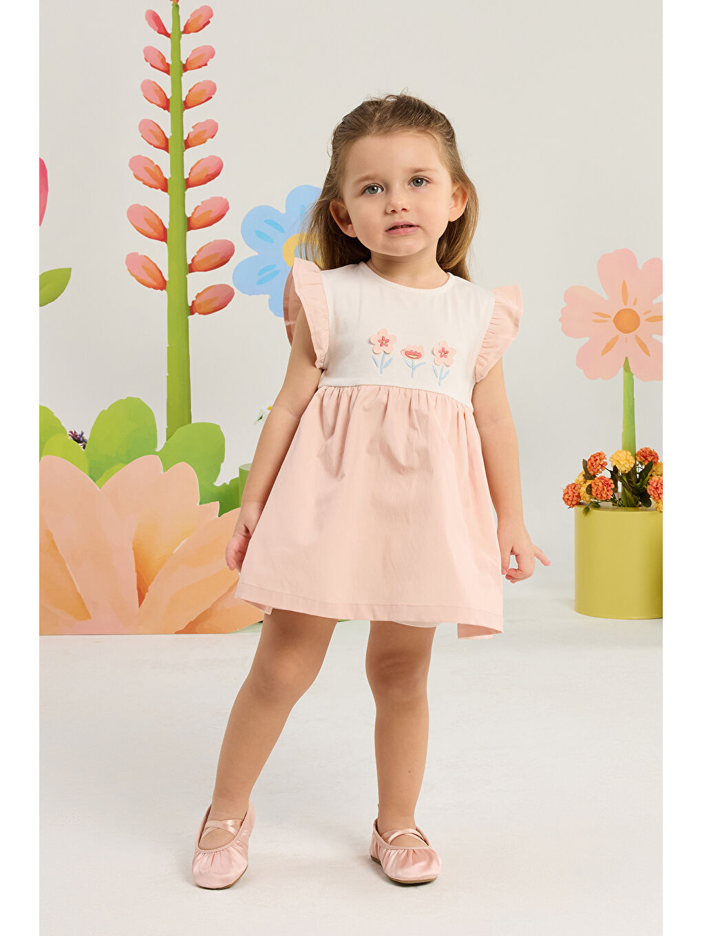 Bej Kız Bebek Çiçek Nakışlı Kolları Fırfırlı Body Elbise 3 Ay-36 Ay Pudra-1
