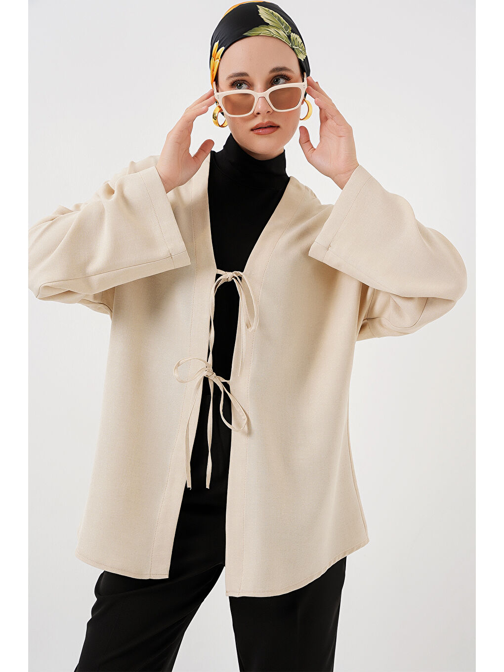 Ekru Keten Tesettür Kimono 5968 - Krem-2