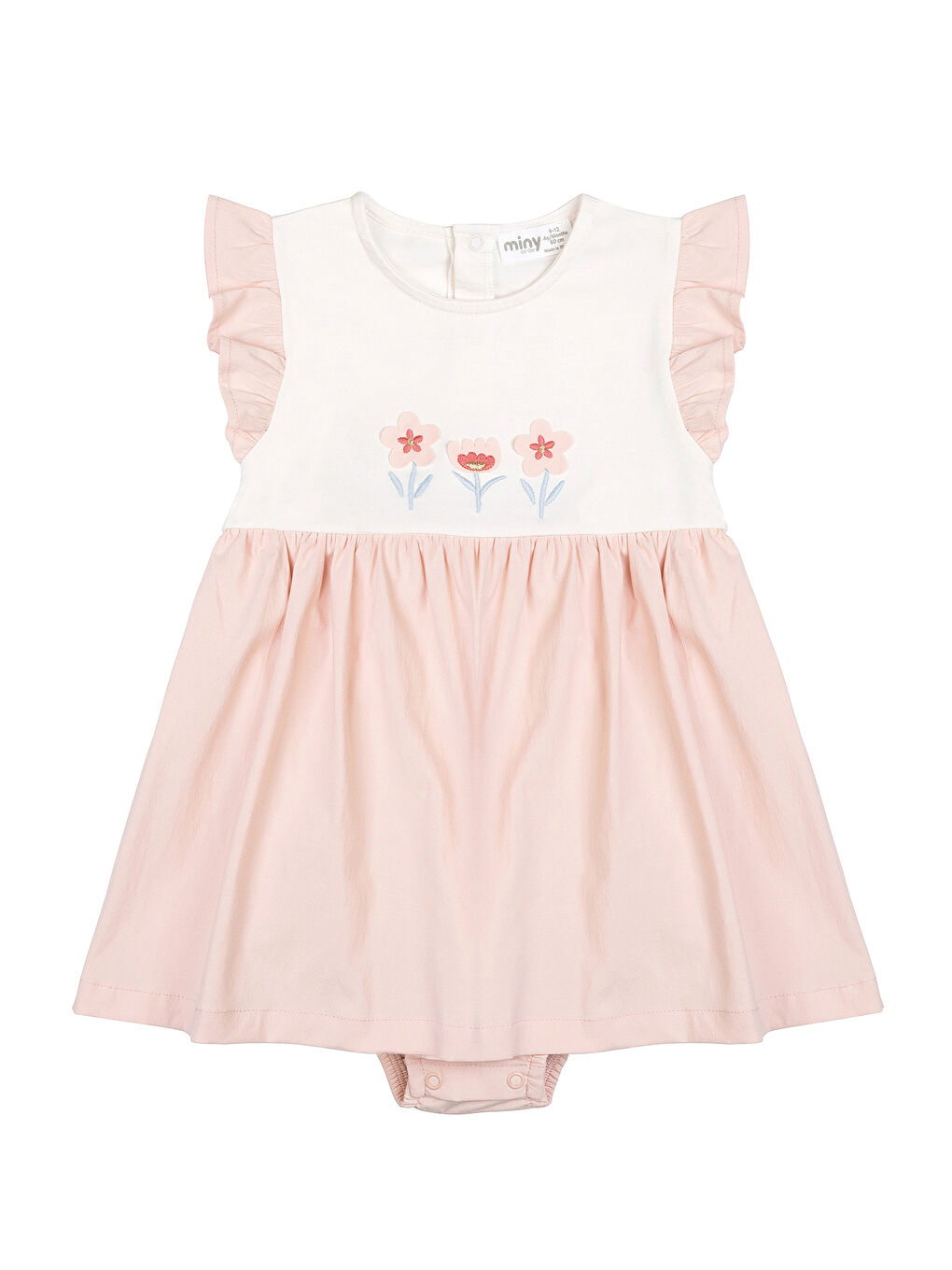 Bej Kız Bebek Çiçek Nakışlı Kolları Fırfırlı Body Elbise 3 Ay-36 Ay Pudra-2