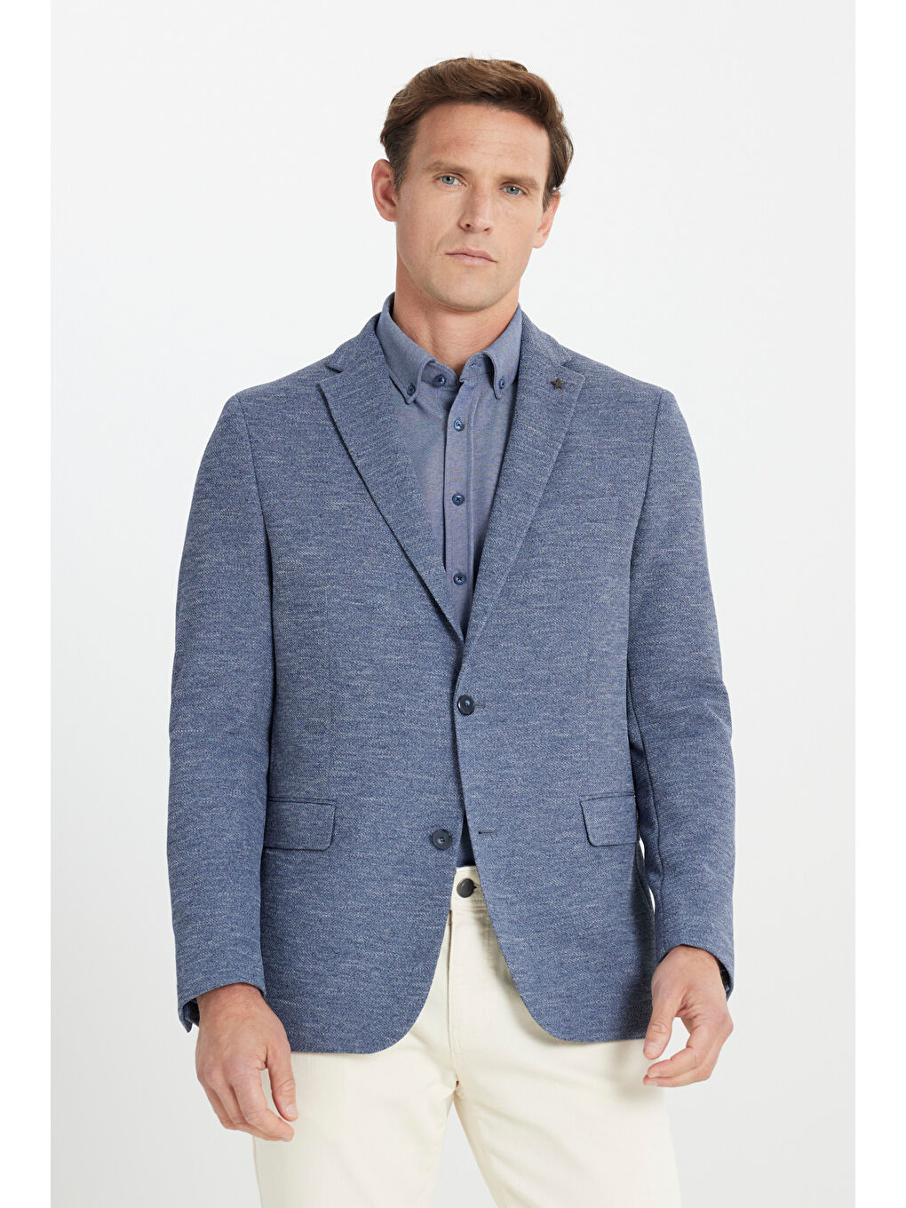 Erkek İndigo Regular Fit Rahat Kesim Mono Yaka Desenli Kapak Cepli Ceket