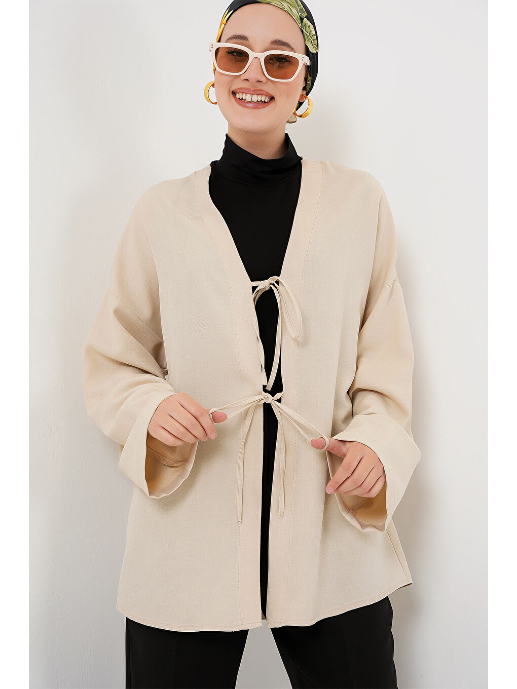 Ekru Keten Tesettür Kimono 5968 - Krem-3