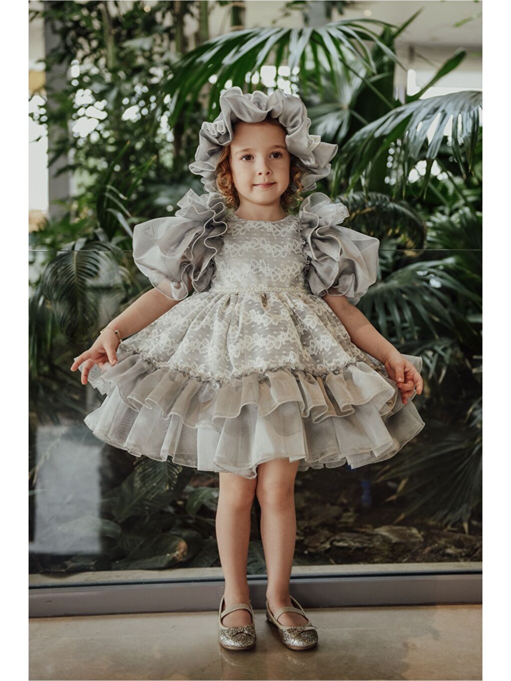 Gri Özel Tasarım Kız Çocuk Şapkalı Elbise , Kısa Kız Çocuk Elbisesi, Aksesuarlı Çocuk Abiye-1