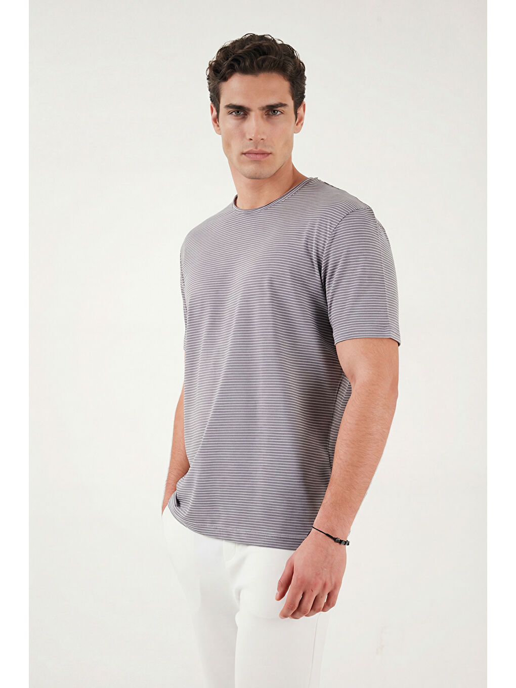 Haki Pamuklu Regular Fit Çizgili Bisiklet Yaka T Shirt 5904030-5