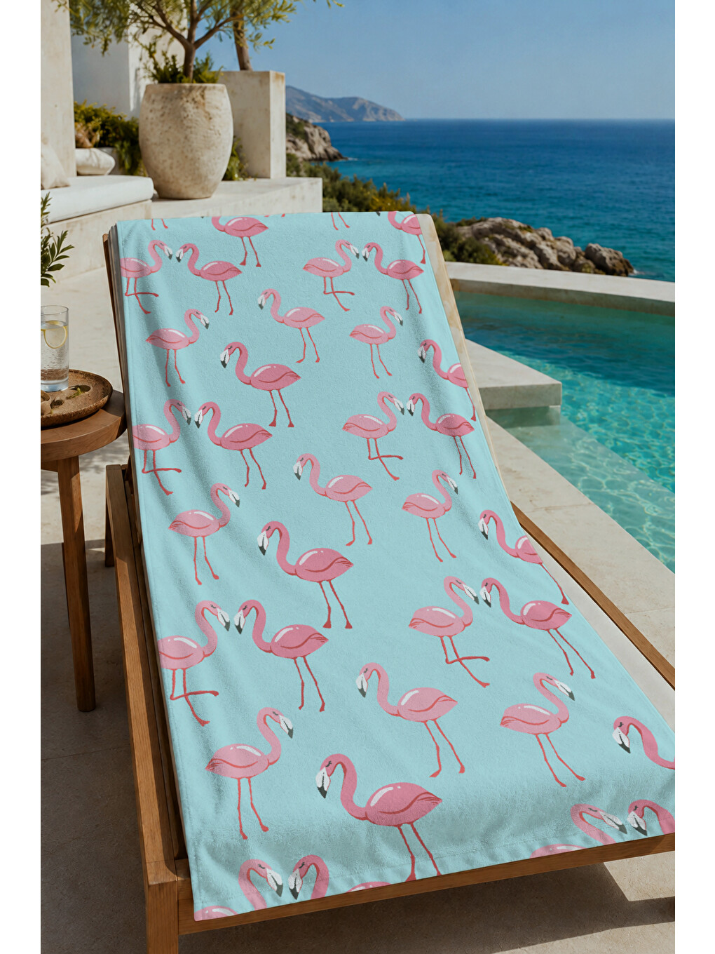 Açık Mavi Pembe Flamingo Desenli 70x150 Cm Dijital Baskılı Plaj Ve Banyo Havlusu