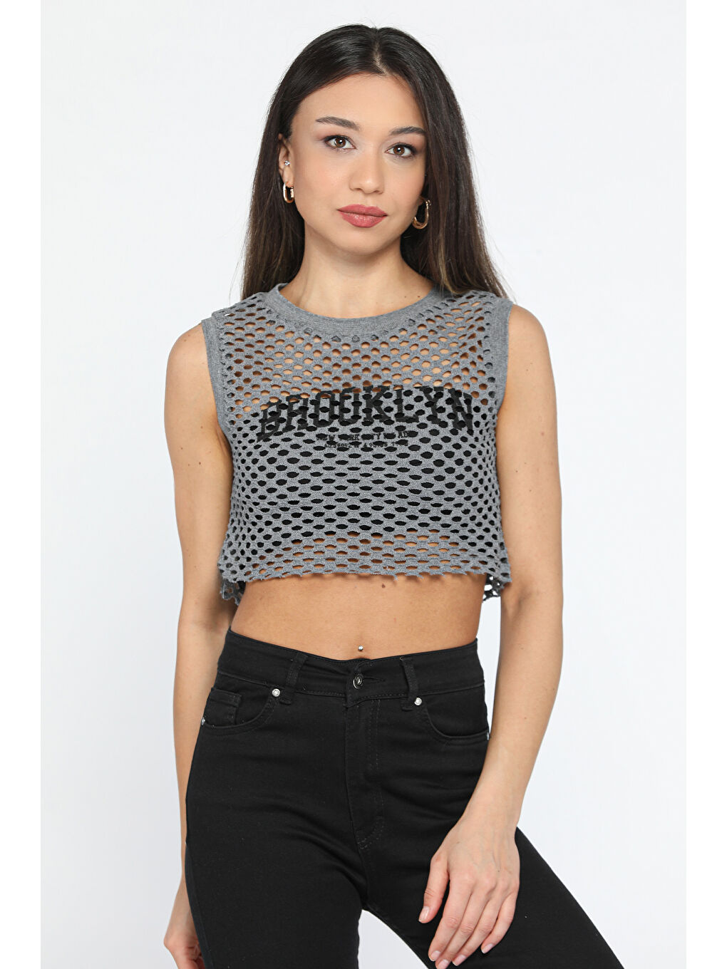 GÜLSELİ Antrasit Bisiklet Yaka Baskılı Ajurlu Kadın Crop Top Süveter