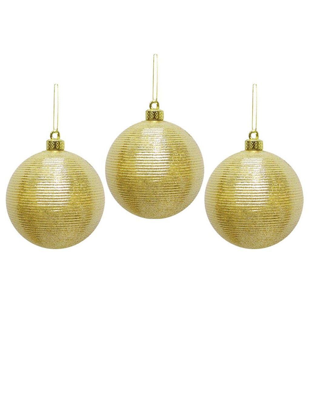 Sarı Yılbaşı Topu İnce Çizgi Dokulu Çam Ağacı Süsü Altın 8 cm 3'lü-1