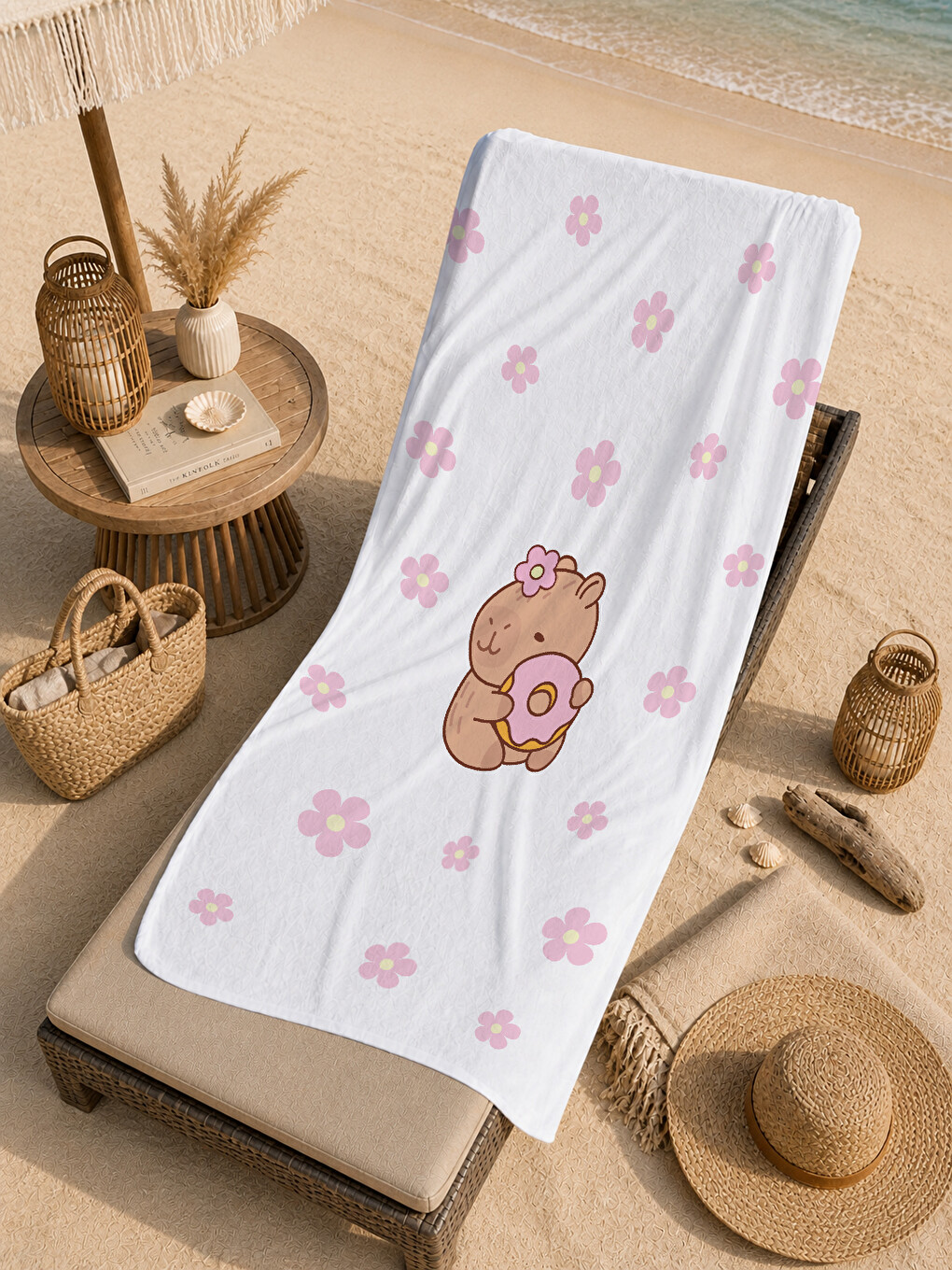 Pembe Çiçekli Sevimli Donutlu Ayıcık Desenli 70x150 Cm Dijital Baskılı Plaj Ve Banyo Havlusu-4