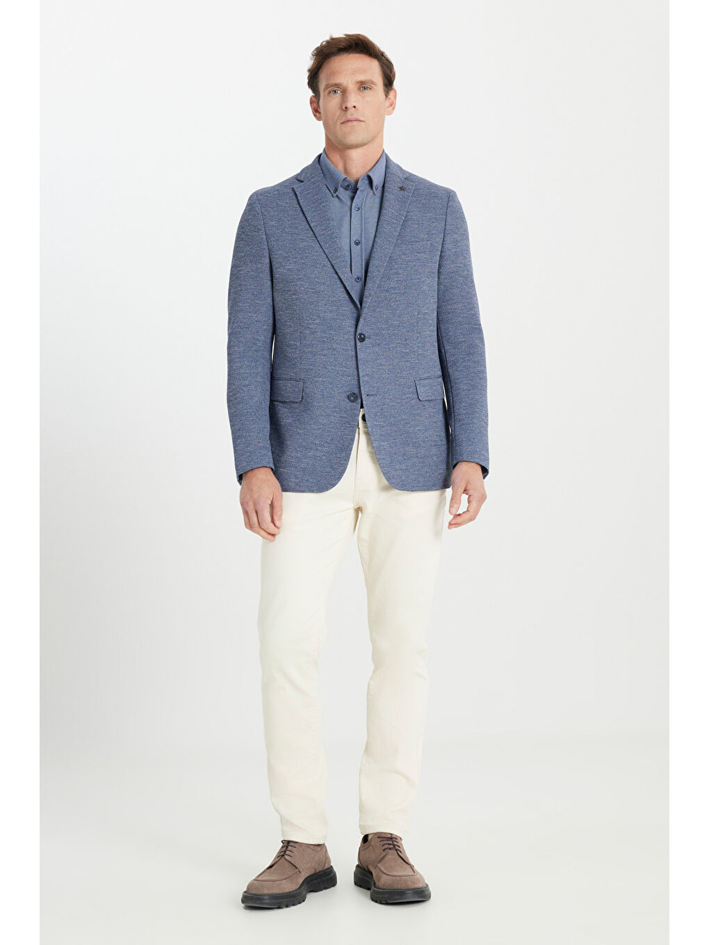 Erkek İndigo Regular Fit Rahat Kesim Mono Yaka Desenli Kapak Cepli Ceket-1