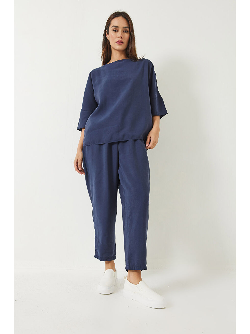 İndigo Kadın Kayık Yaka Yarım Kol Bluz Beli Lastikli Şalvar Pantolon Alt-Üst Takım-1