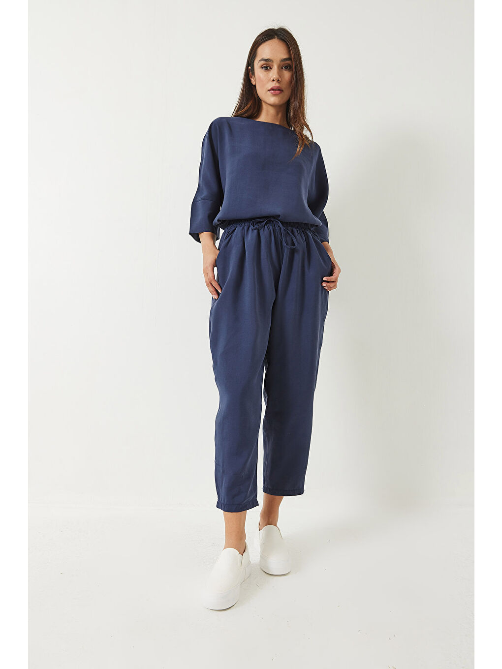 İndigo Kadın Kayık Yaka Yarım Kol Bluz Beli Lastikli Şalvar Pantolon Alt-Üst Takım-2