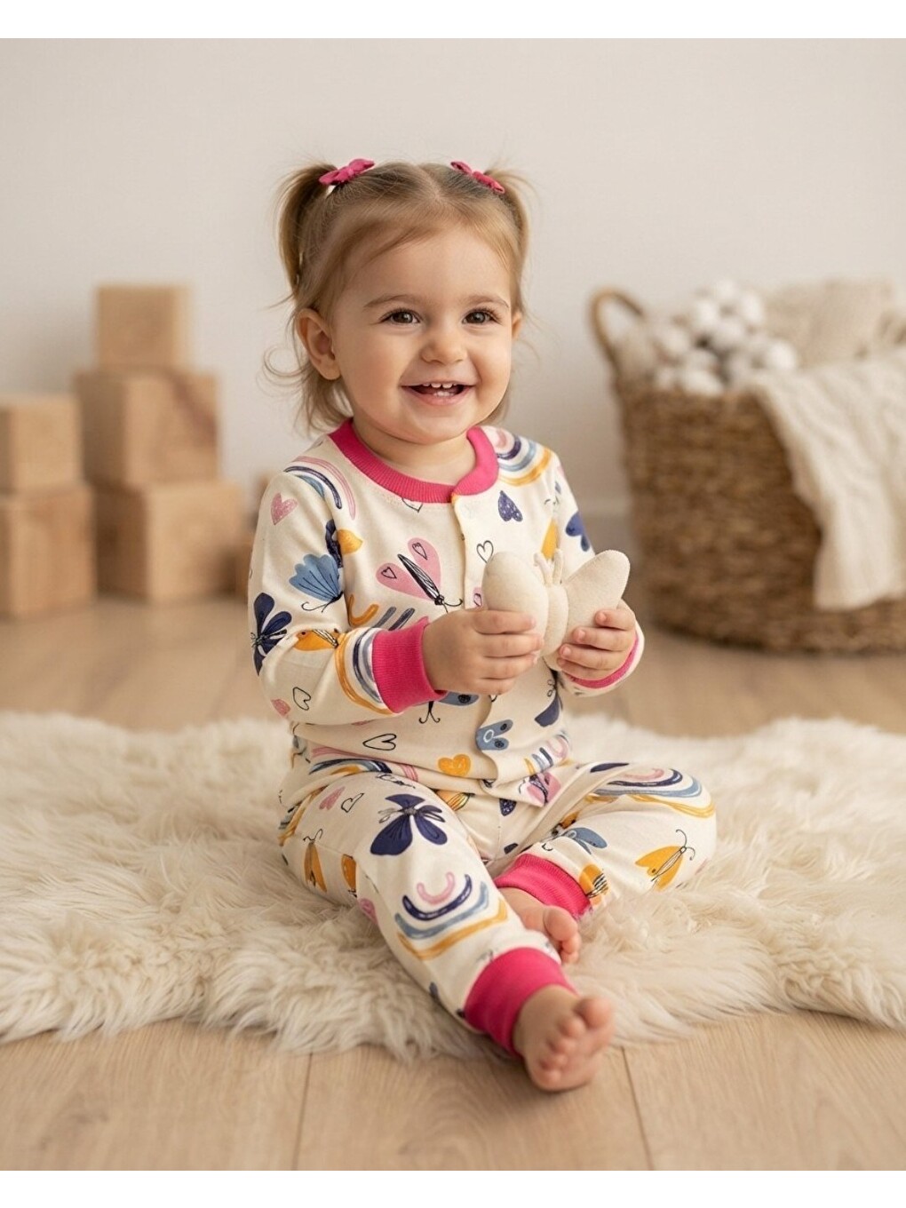 Fuşya Kız Bebek %100 Pamuklu 1-2-3 Yaş Baskılı Çıtçıtlı Alt Üst Pijama Takımı-1