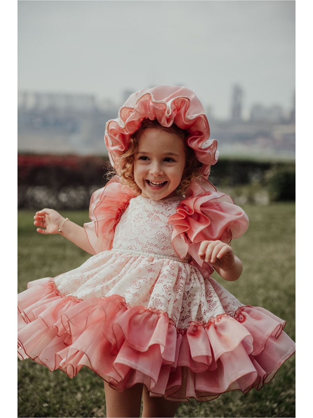 Pembe Özel Tasarım Kız Çocuk Şapkalı Elbise , Kısa Kız Çocuk Elbisesi, Aksesuarlı Çocuk Abiye-6