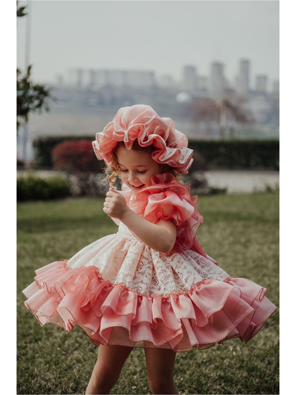 Pembe Özel Tasarım Kız Çocuk Şapkalı Elbise , Kısa Kız Çocuk Elbisesi, Aksesuarlı Çocuk Abiye-7