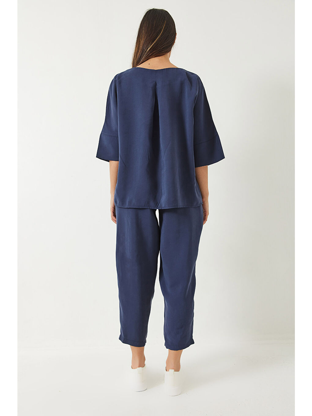 İndigo Kadın Kayık Yaka Yarım Kol Bluz Beli Lastikli Şalvar Pantolon Alt-Üst Takım-6
