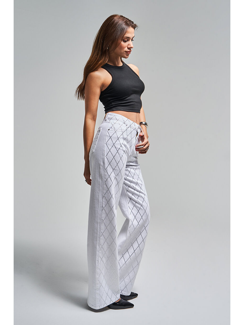 Kadın Beyaz Renk Rita T5s5-2 Straight Fit Parlak Taşlı Yüksek Bel Tasarım Denim Jean-1