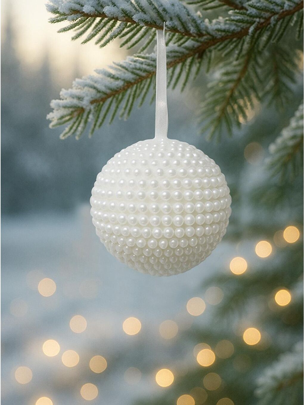 Yılbaşı Topu İnci Kaplama Çam Ağacı Süsü Beyaz 8 cm 3'lü