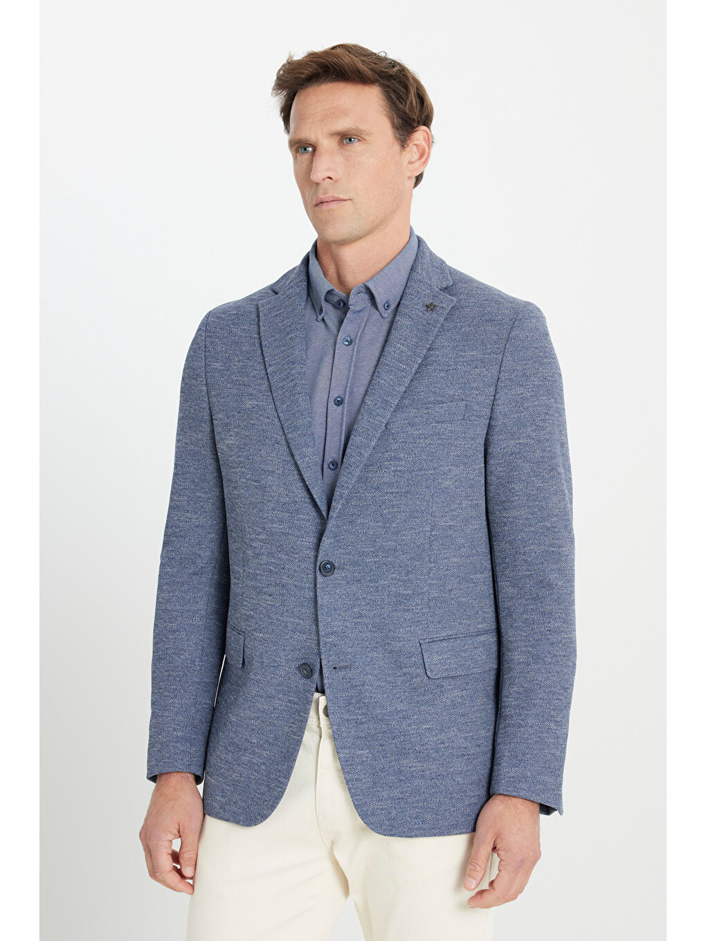 Erkek İndigo Regular Fit Rahat Kesim Mono Yaka Desenli Kapak Cepli Ceket-2