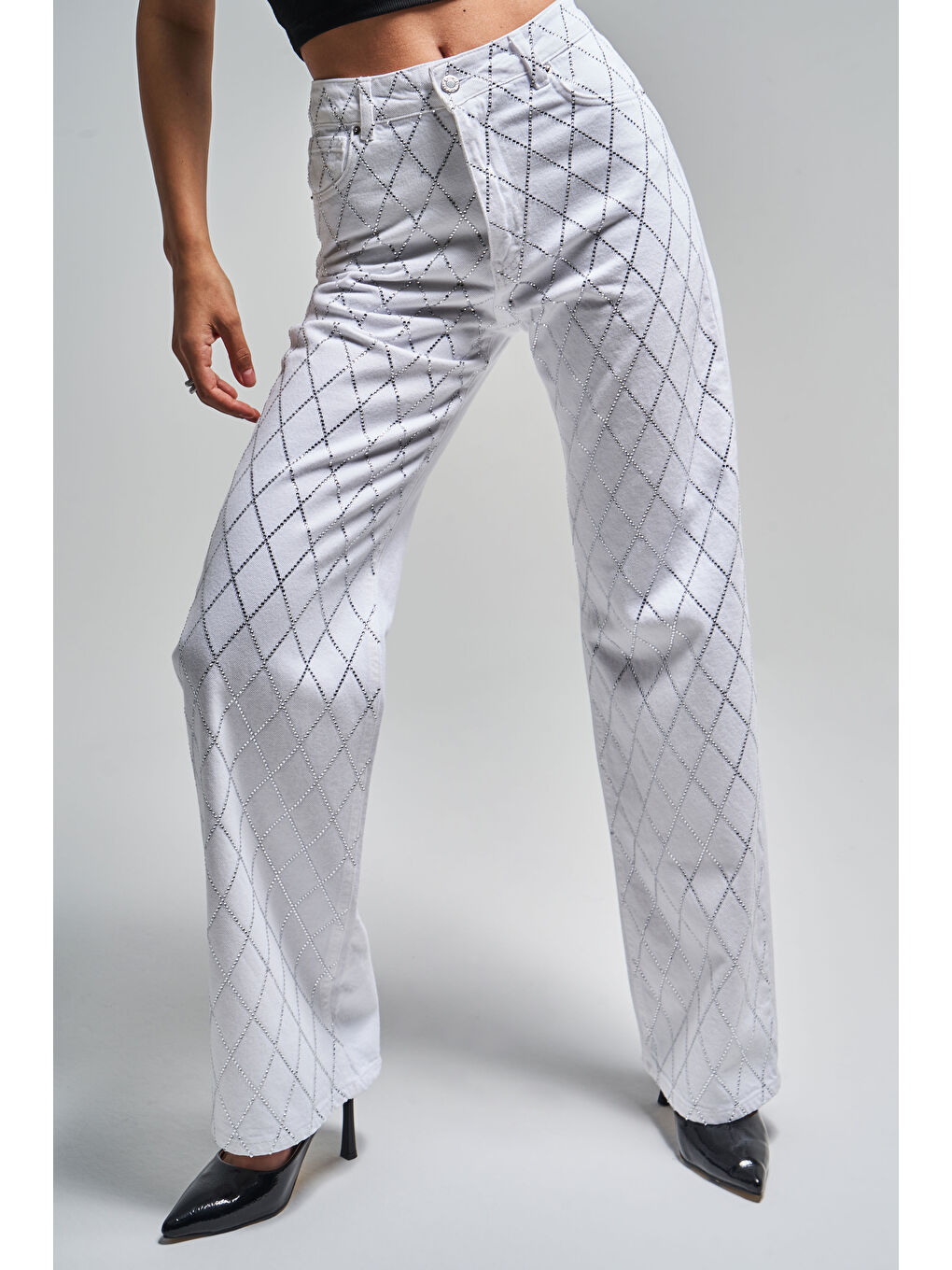 Kadın Beyaz Renk Rita T5s5-2 Straight Fit Parlak Taşlı Yüksek Bel Tasarım Denim Jean-2