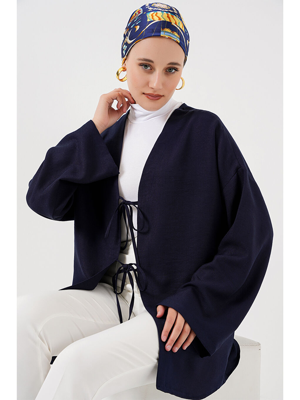 Keten Tesettür Kimono 5968 - Lacivert-4