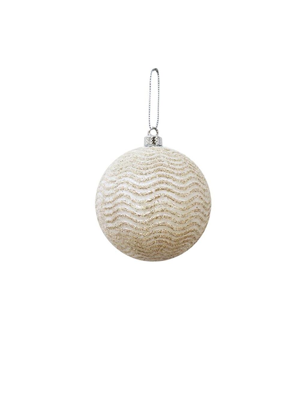 Ekru Yılbaşı Topu Simli Dalga Desenli Çam Ağacı Süsü Işıltılı Açık Krem 8 cm 3'lü-2