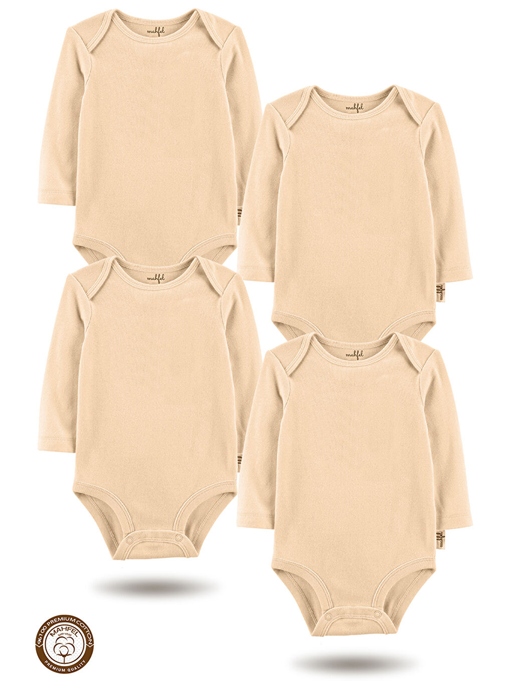 Bej 4'lü %100 Pamuklu Uzun Kollu Basic Çıtçıtlı Bebek Body Zıbın SRc