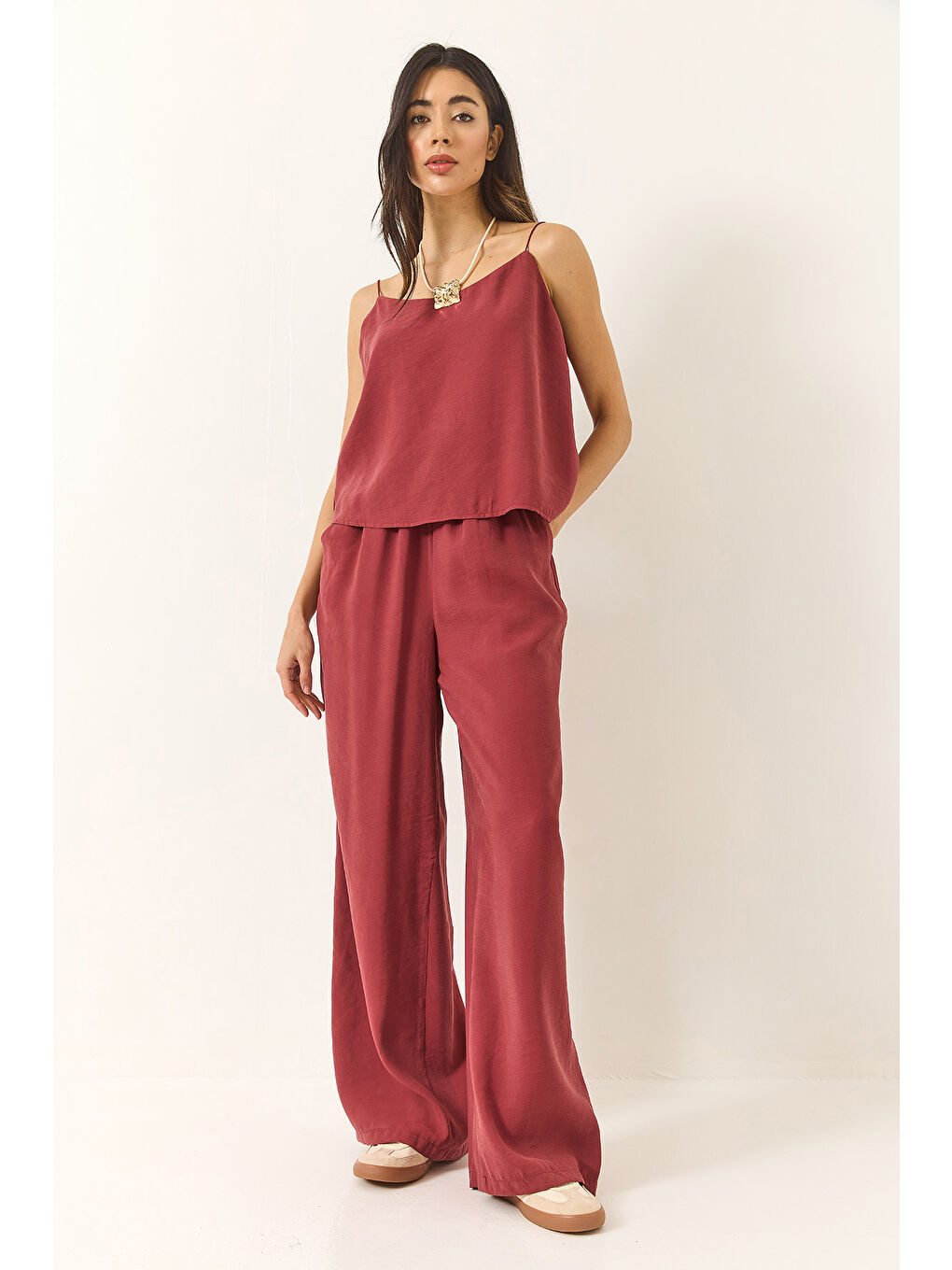 Bordo Kadın Askılı Dokuma Modal Bluz Pantolon Alt-Üst Takım-1