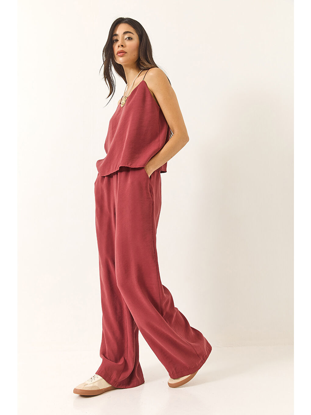 Bordo Kadın Askılı Dokuma Modal Bluz Pantolon Alt-Üst Takım-3