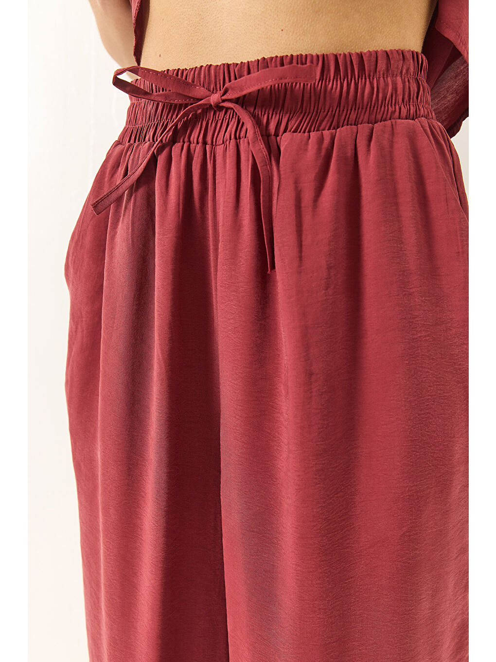 Bordo Kadın Askılı Dokuma Modal Bluz Pantolon Alt-Üst Takım-4