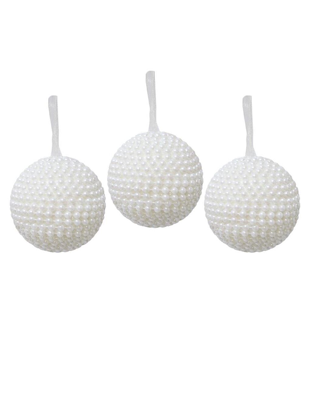 Yılbaşı Topu İnci Kaplama Çam Ağacı Süsü Beyaz 8 cm 3'lü-1