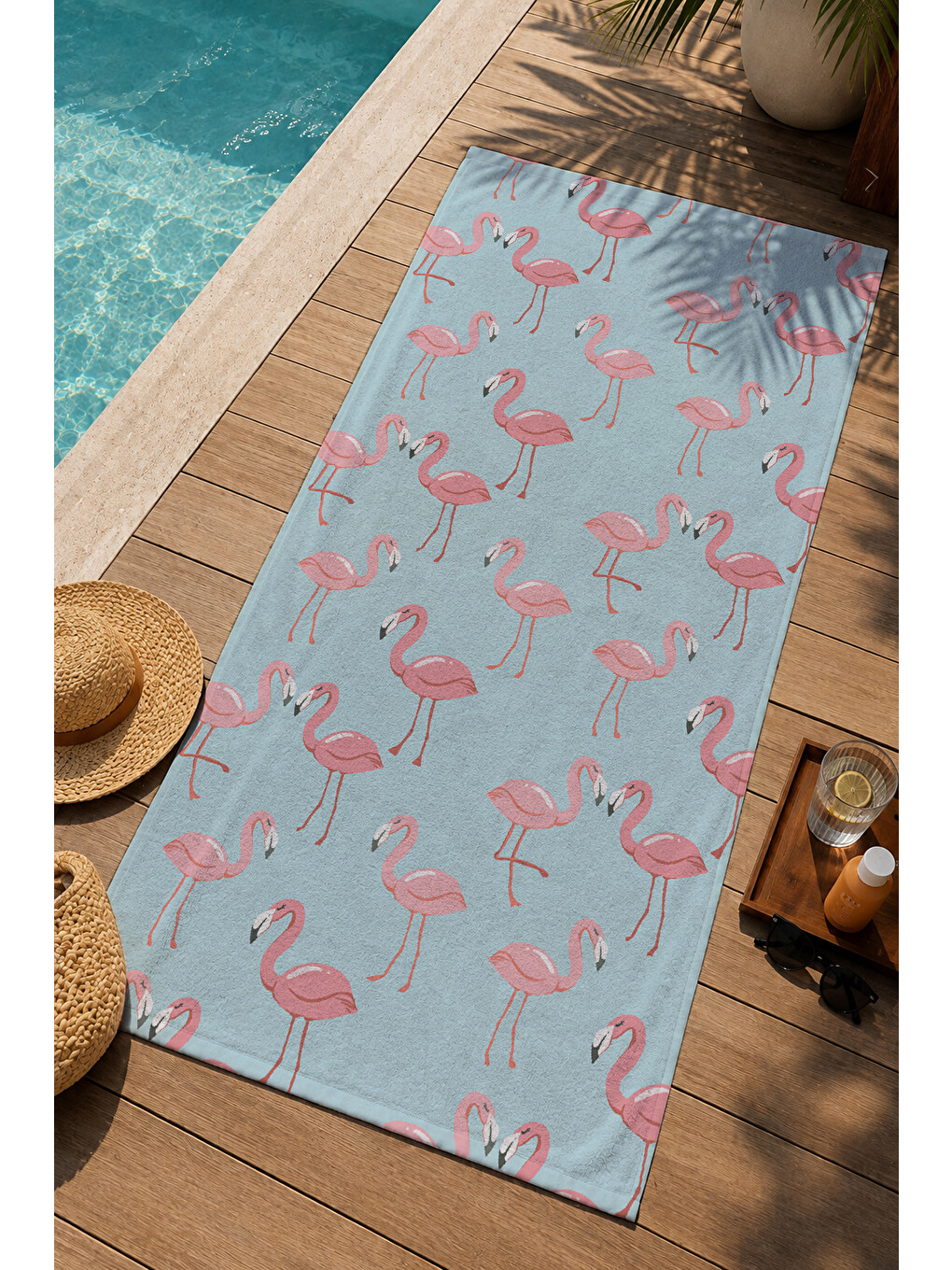 Açık Mavi Pembe Flamingo Desenli 70x150 Cm Dijital Baskılı Plaj Ve Banyo Havlusu-2