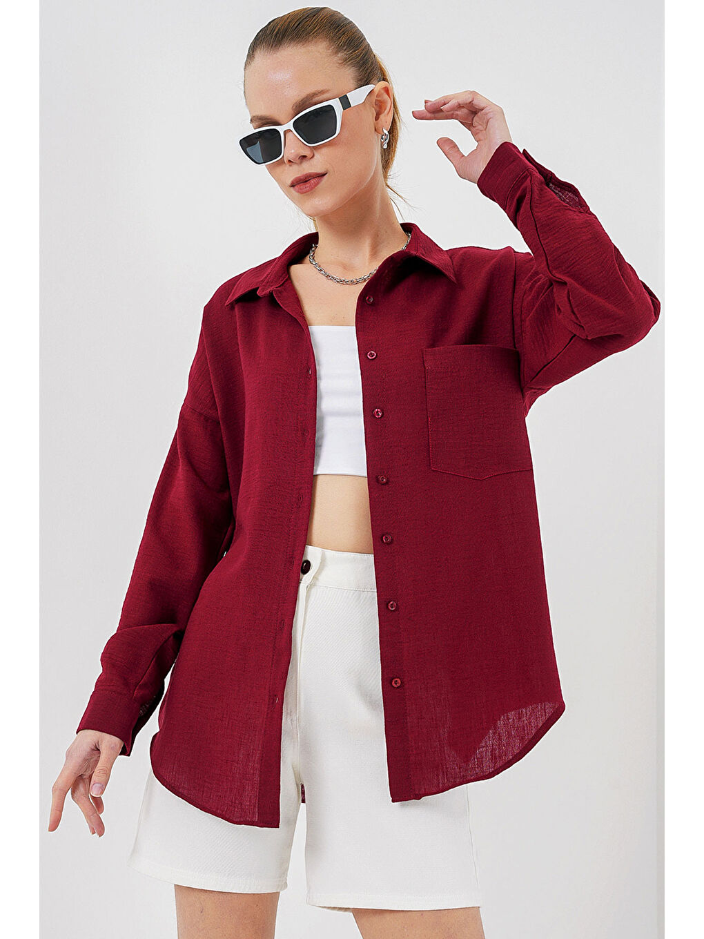 20153 Tek Cepli Oversize Keten Gömlek - Bordo