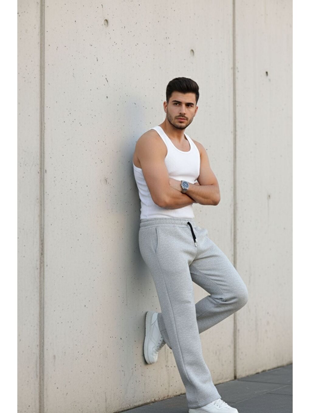 Erkek Bol Paça Beli Lastikli Gri Eşofman Altı-3