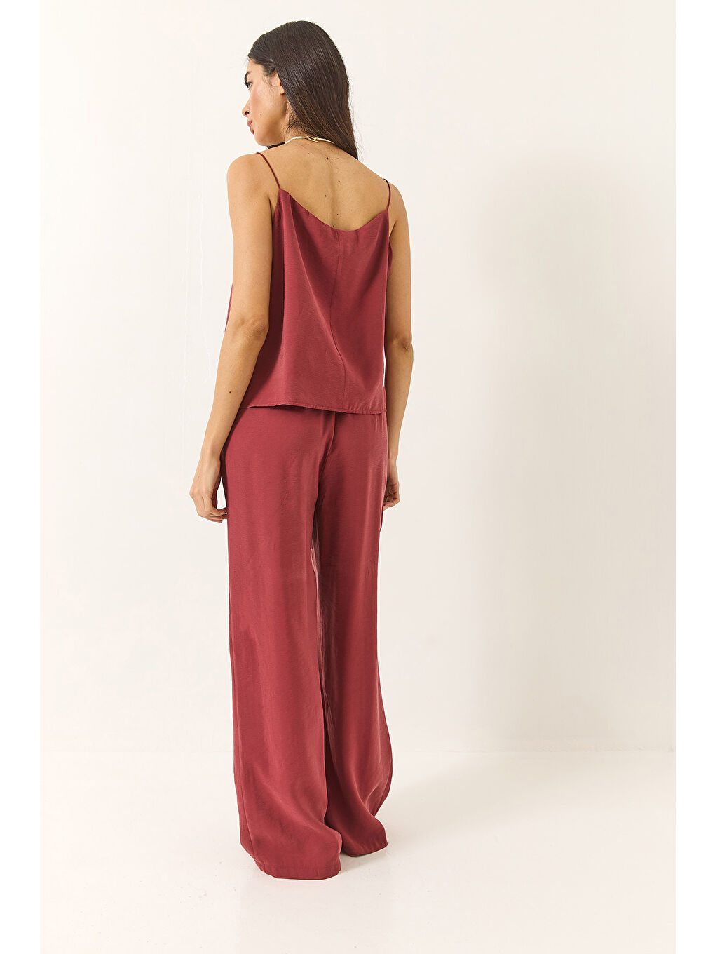 Bordo Kadın Askılı Dokuma Modal Bluz Pantolon Alt-Üst Takım-6