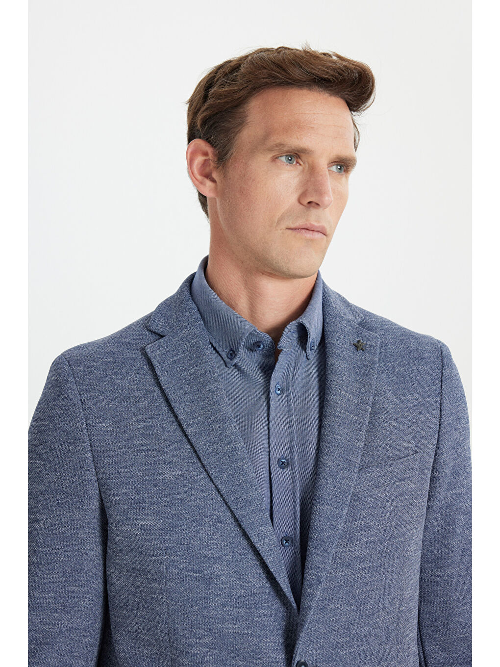 Erkek İndigo Regular Fit Rahat Kesim Mono Yaka Desenli Kapak Cepli Ceket-3