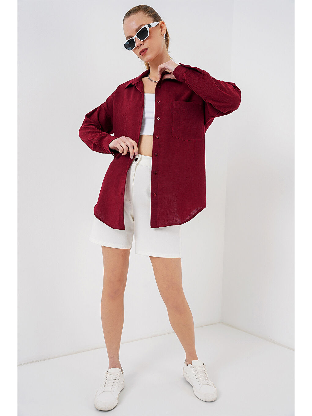20153 Tek Cepli Oversize Keten Gömlek - Bordo-1