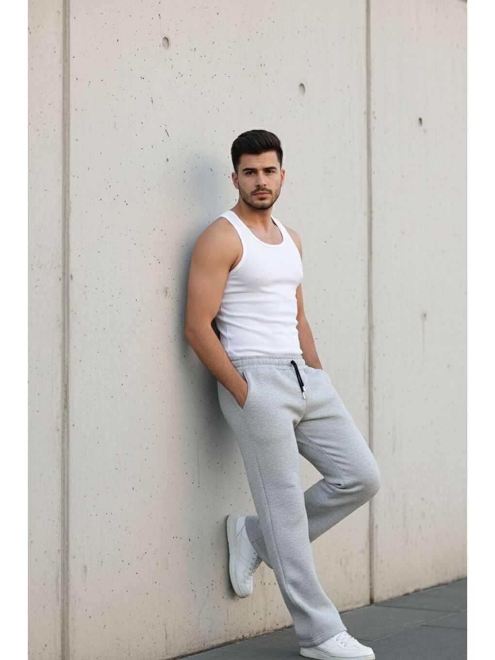 Erkek Bol Paça Beli Lastikli Gri Eşofman Altı-4