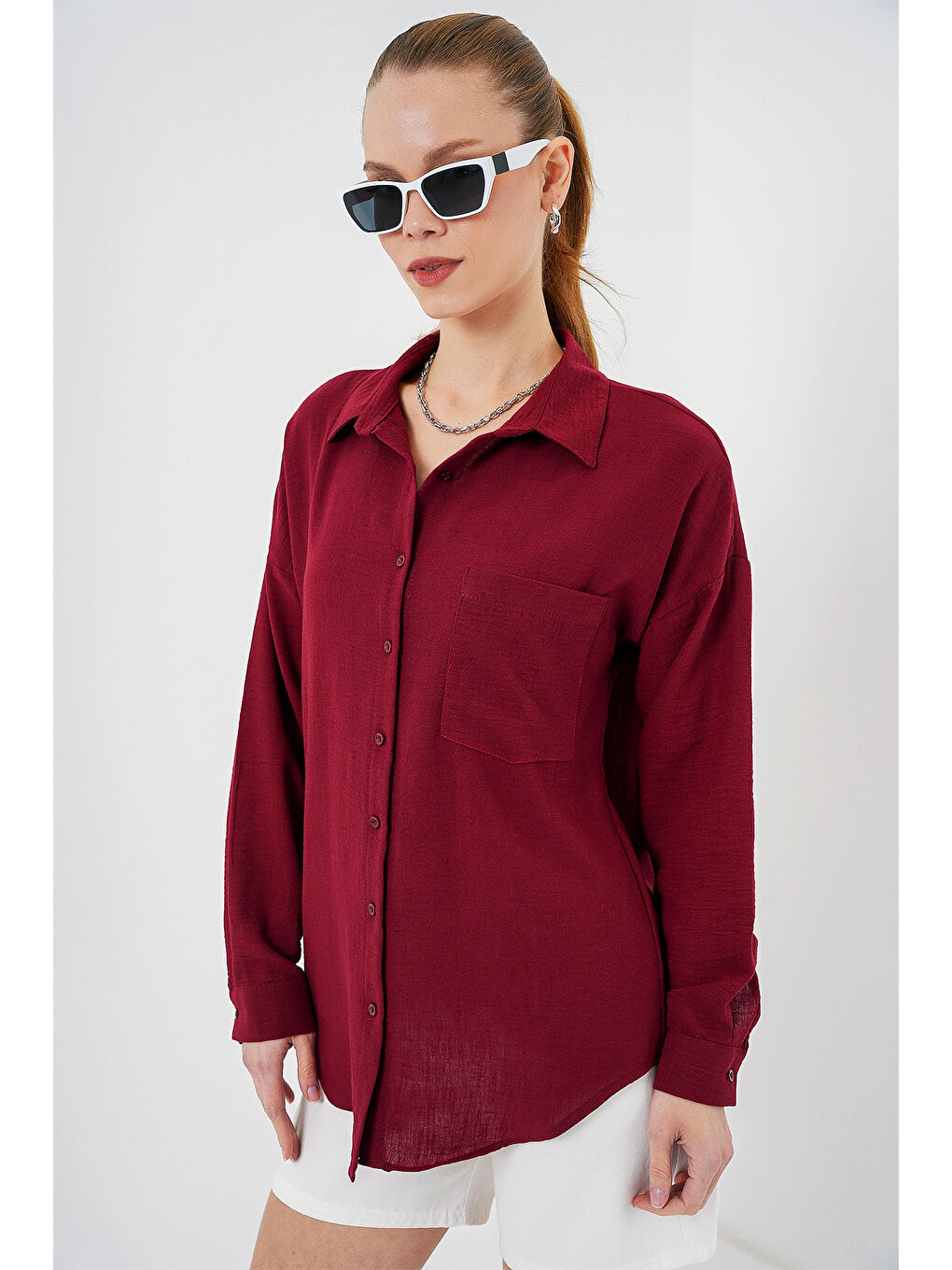 20153 Tek Cepli Oversize Keten Gömlek - Bordo-2