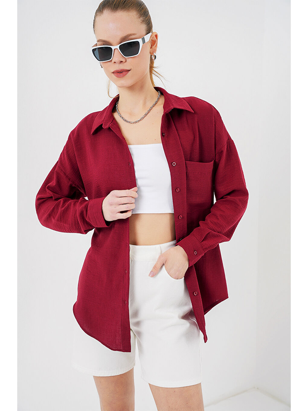 20153 Tek Cepli Oversize Keten Gömlek - Bordo-3