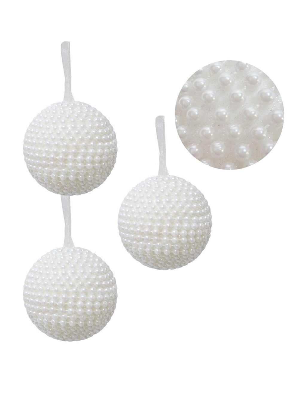 Yılbaşı Topu İnci Kaplama Çam Ağacı Süsü Beyaz 8 cm 3'lü-2