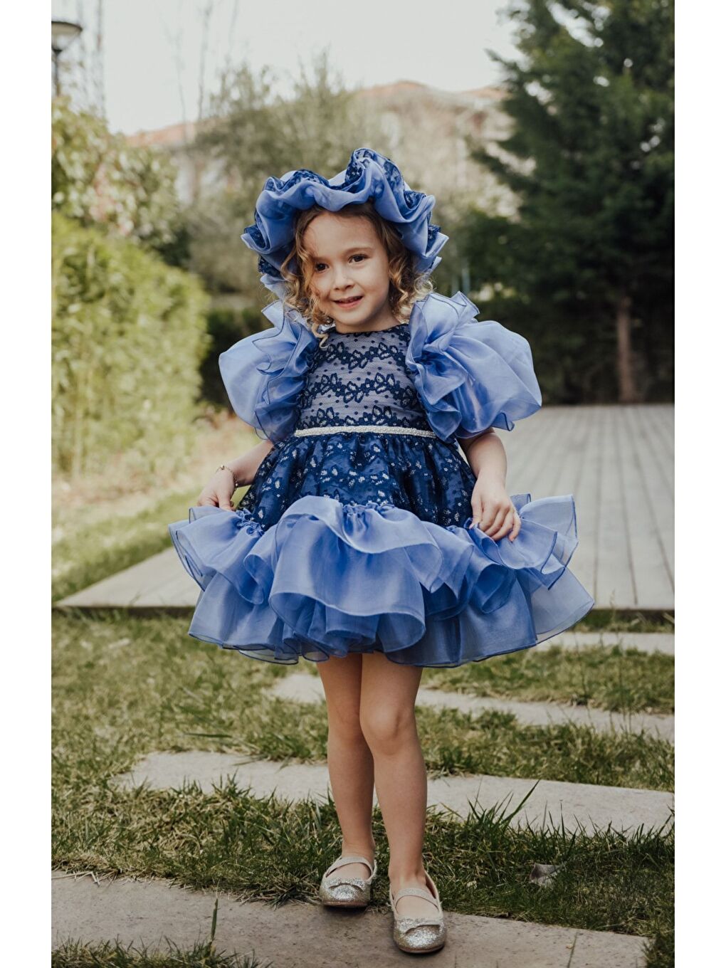 Mavi Özel Tasarım Kız Çocuk Şapkalı Elbise , Kısa Kız Çocuk Elbisesi, Aksesuarlı Çocuk Abiye