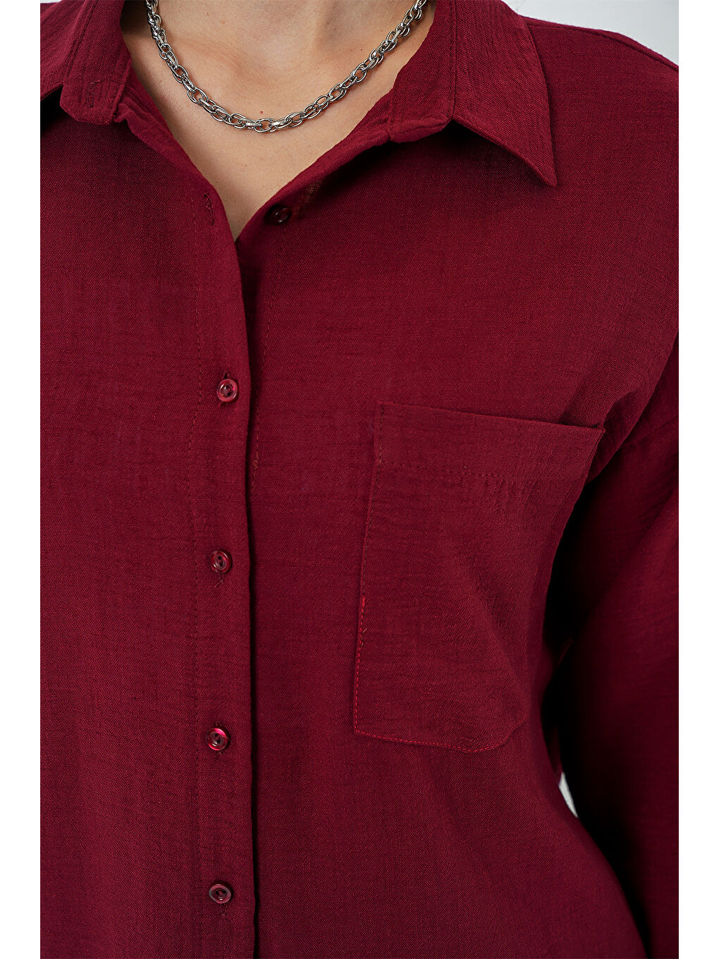 20153 Tek Cepli Oversize Keten Gömlek - Bordo-4