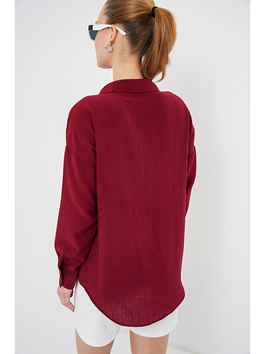 20153 Tek Cepli Oversize Keten Gömlek - Bordo-5