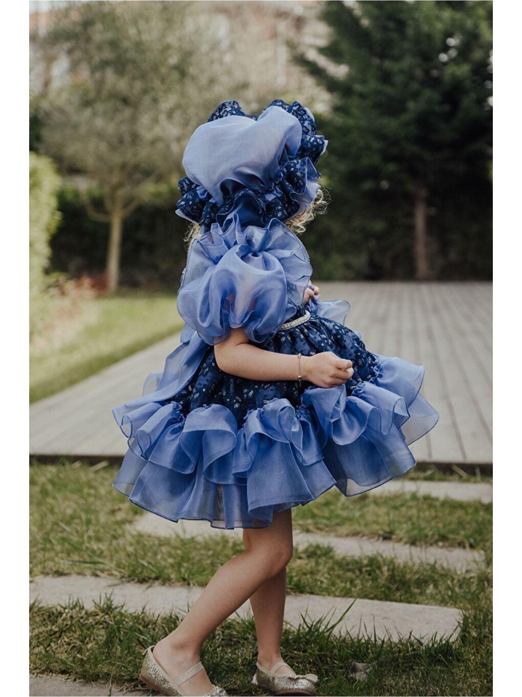 Mavi Özel Tasarım Kız Çocuk Şapkalı Elbise , Kısa Kız Çocuk Elbisesi, Aksesuarlı Çocuk Abiye-1