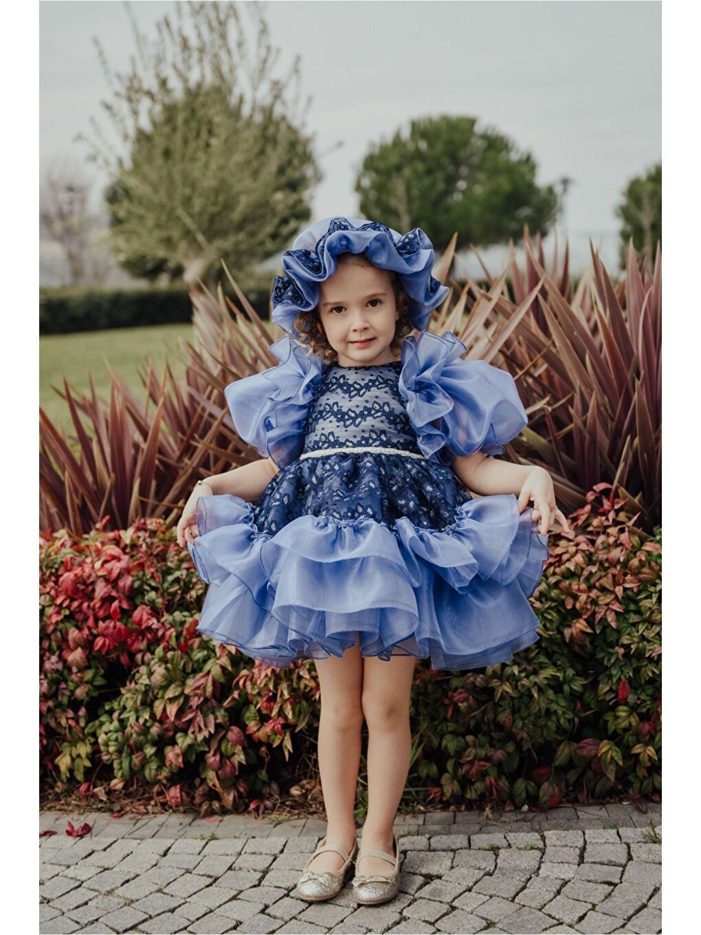 Mavi Özel Tasarım Kız Çocuk Şapkalı Elbise , Kısa Kız Çocuk Elbisesi, Aksesuarlı Çocuk Abiye-3