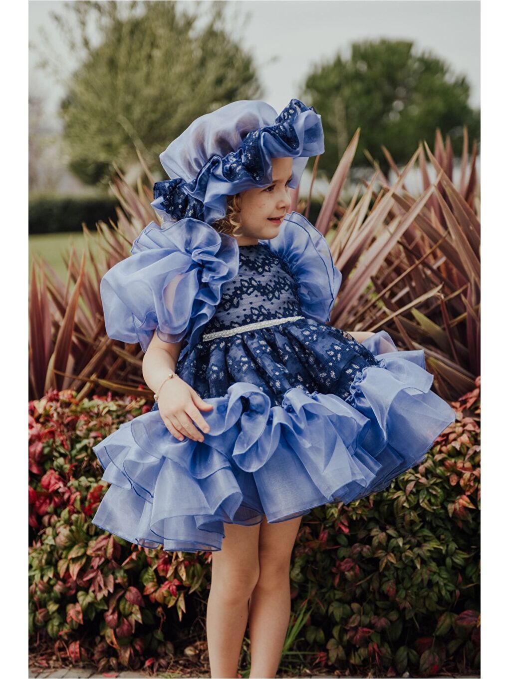 Mavi Özel Tasarım Kız Çocuk Şapkalı Elbise , Kısa Kız Çocuk Elbisesi, Aksesuarlı Çocuk Abiye-4