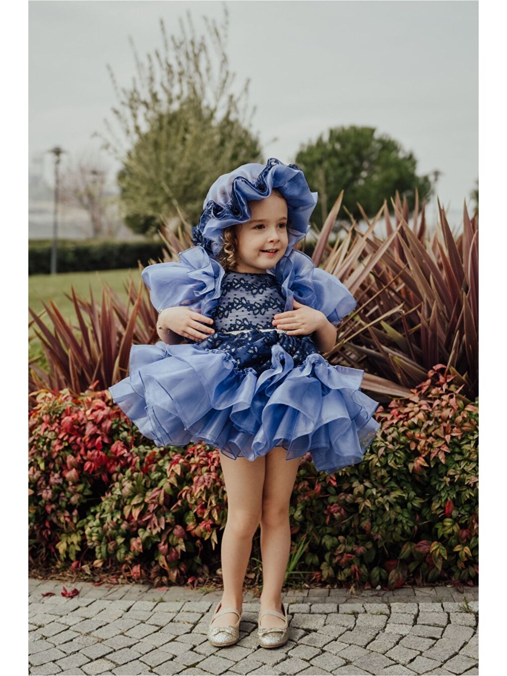 Mavi Özel Tasarım Kız Çocuk Şapkalı Elbise , Kısa Kız Çocuk Elbisesi, Aksesuarlı Çocuk Abiye-5