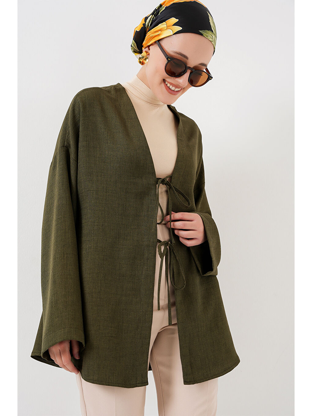 Keten Tesettür Kimono 5968 - Haki-3