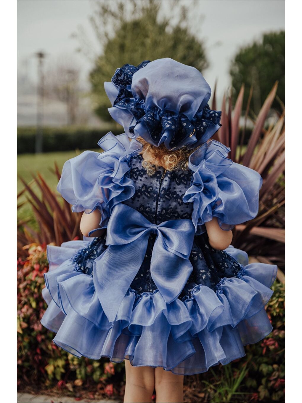 Mavi Özel Tasarım Kız Çocuk Şapkalı Elbise , Kısa Kız Çocuk Elbisesi, Aksesuarlı Çocuk Abiye-6
