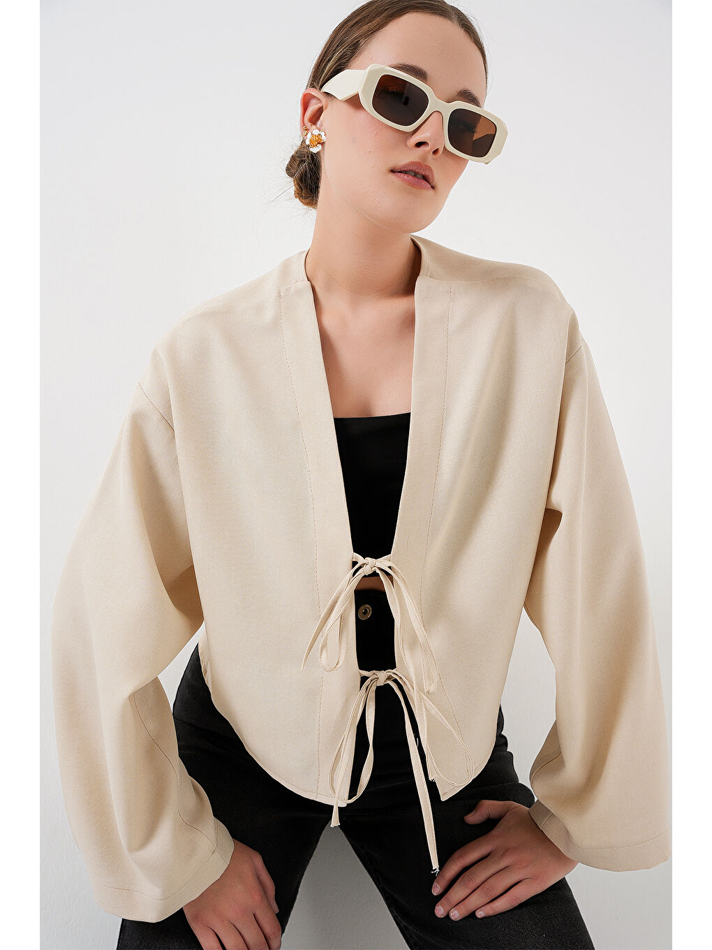 Ekru Önü Bağlamalı Keten Kimono 960 - Krem