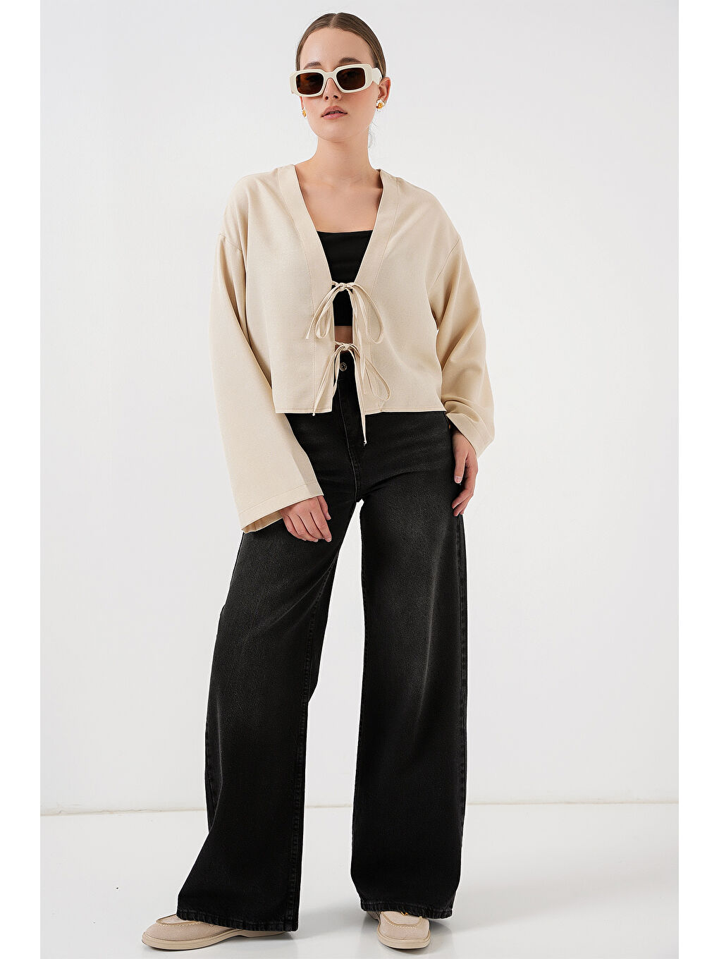 Ekru Önü Bağlamalı Keten Kimono 960 - Krem-1